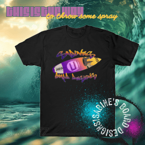 Sabine's purple-gold gradient surfboard surrounded by graffiti of "Sabine's Board Designs" in front of a huge barrel surfing wave.